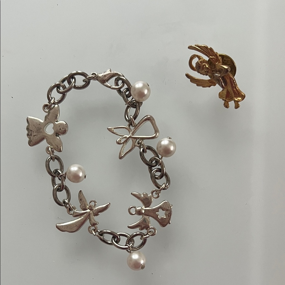 Silver Tone Angel Charm Bracelet with Pearls and angel pin